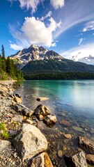 Mountain lake shore at dawn