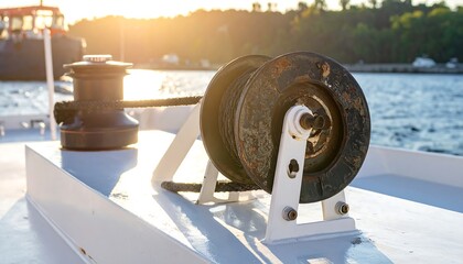 Close-up of a ship's winch at sunset