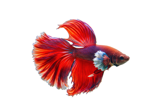 Elegant red and blue Betta fish isolated on transparent background, colorful Siamese fighting fish PNG with flowing fins