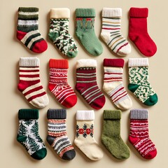 Christmas socks arranged neatly on plain blank background
