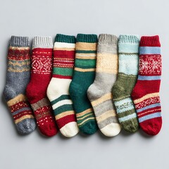 Christmas socks arranged neatly on plain blank background