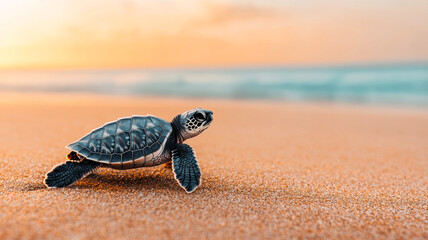 Newborn turtle walking on sandy beach. A small turtle crosses the sandy shore at sunset, embarking on its first journey to the ocean.
