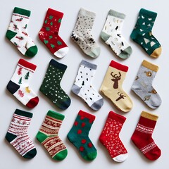 Flat lay of Christmas socks on white background