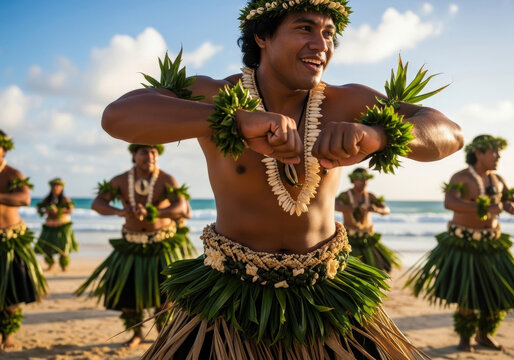 traditional male hula dancers perform on sunlit beach. wearing grass skirts and floral lei, they embody hawaiian culture and festive spirit. cultural event, travel, tourism. tuvalu independence day