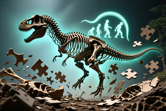 rearranged. Fossilized bone fragments suspended as glowing puzzle pieces forming an unknown dinosaur silhouette. wildlife magazines.