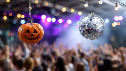 Pumpkin and disco ball party. Decorations include a pumpkin and disco ball at a lively Halloween party with dancing people and colorful lights.