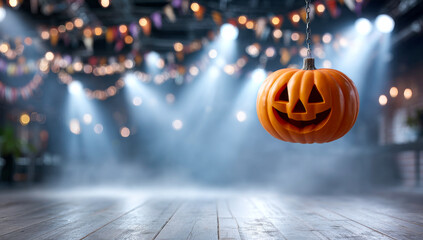 Halloween pumpkin decor. A glowing pumpkin with a happy face hangs in a festive space filled with lights and decorations for Halloween.
