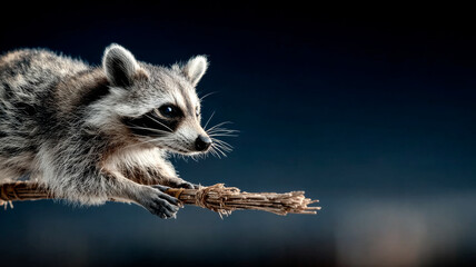 Obraz premium Raccoon perched on branch at night. A raccoon is carefully balancing on a narrow branch under a dark night sky, showcasing its curious nature.