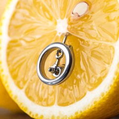 Close-up of a silver earring on a lemon slice