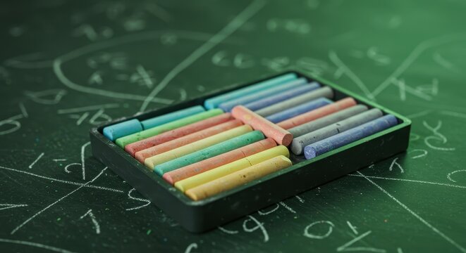 Vibrant Chalkbox Overflowing with Colorful Sticks on a Dusty Green Chalkboard with Mathematical Equations.