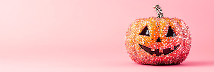 Sparkly pumpkin Halloween decor. Bright orange pumpkin with sparkling details sits against a pink background, perfect for Halloween festivities.