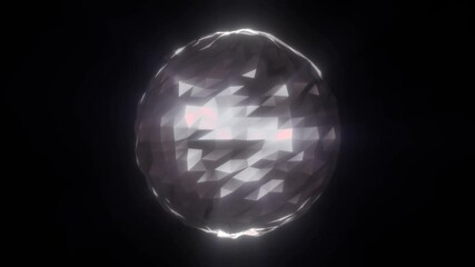 Radiant white glowing crystal sphere with faceted polygonal surface, emitting light in a dark abstract background - Powered by Adobe