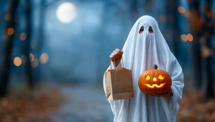 Ghosts, treats, and pumpkins!. A ghostly figure in a white sheet holds a bag of candy and a carved pumpkin on a spooky Halloween night.