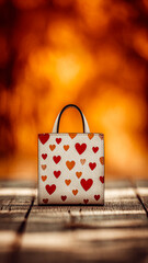 Colorful heart bag on wood. A small bag with a heart design sits on a wooden table against an orange background, highlighting its playful style.