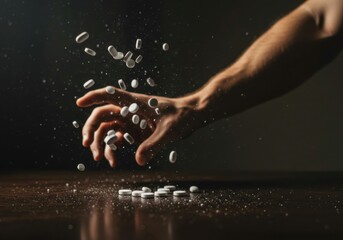 Man’s palm hits desk, medication tablets scatter everywhere.