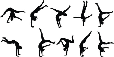 Handstand silhouette, acrobatic poses vector, gymnastic exercise illustration, athletic balance design, fitness workout movement black figures