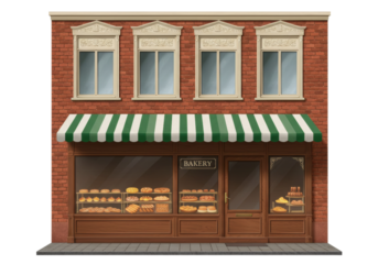 Charming bakery shop front isolated, with brick facade and striped awning, showcasing pastries and bread in display windows PNG
