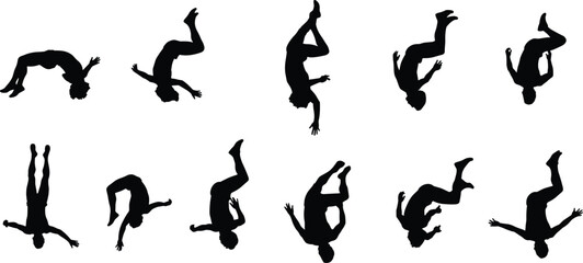 Man flipping silhouette, acrobatic jump pose, human body action, athletic movement, backflip illustration, gymnastics vector design sequence