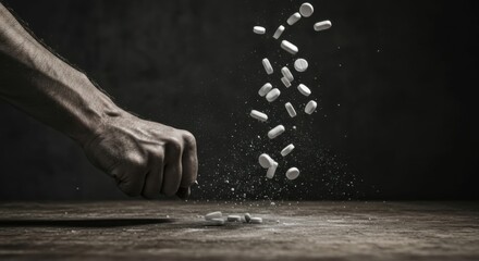 Hand strikes hard surface, pills burst into air in slow motion.