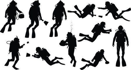 Scuba diver silhouette, underwater diving illustration, marine sport artwork, ocean exploration graphic, snorkeling design, water activity clipart