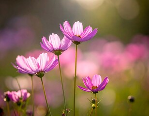 Beautiful Pink Cosmos Flowers in Sunlight.