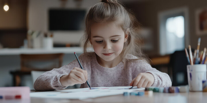 Playful little girl painting with watercolors at a kitchen table, creative and happy