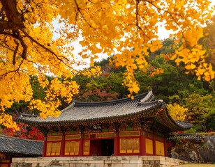 Autumn temple in vibrant foliage