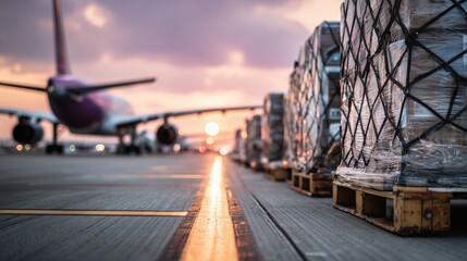 Pallets of securely wrapped cargo on a runway with a commercial airplane at sunset