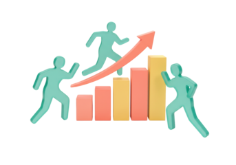 Business growth concept with people and bar chart, isolated 3D render on transparent background, success and teamwork