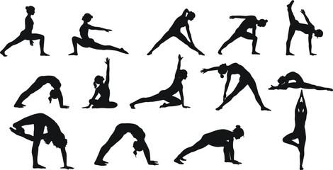 Yoga silhouette poses, meditation exercise, fitness stretching vector, woman workout illustration, healthy lifestyle design, body balance