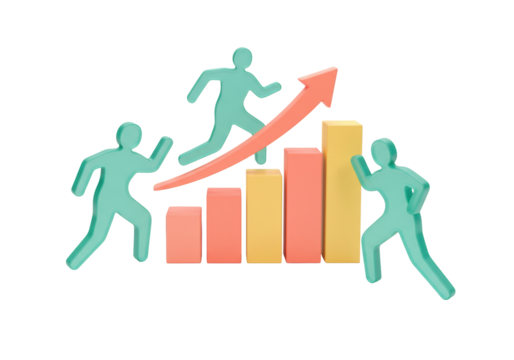 Business growth concept with people and bar chart, isolated 3D render on transparent background, success and teamwork