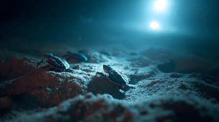 New Life Nesting Sea Turtles on Sandy Beach

