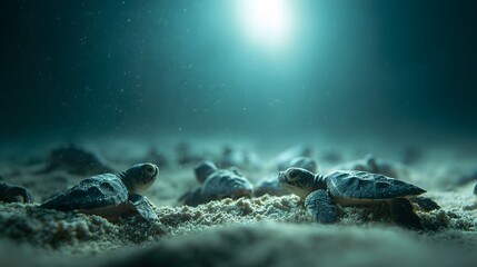Peaceful Baby Sea Turtles Hatching Under Moonlight

