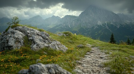 Breathtaking view of mountains under a cloudy sky with rocks and wildflowers on a trail