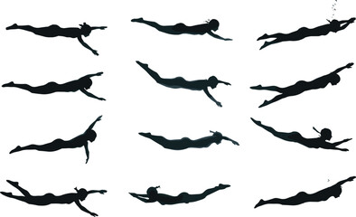 Woman swimming silhouette, underwater pose sequence, female diver motion, aquatic sport illustration, snorkeling action, free dive vector design