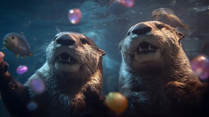 Funny Sea Otters Playing with Bioluminescent Objects

