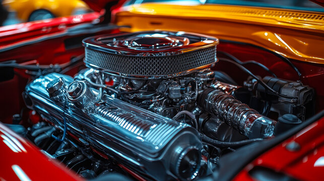 Gleaming chrome and polished metal engine of a classic American muscle car, showcasing intricate mechanical details and powerful engineering, housed within a vibrant red engine bay, automotive 