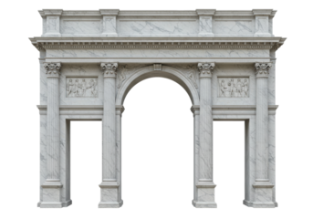 Marble triumphal arch isolated on transparent background, ancient architecture with columns and sculptures for historical design projects