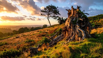 Scenic sunset over a gnarled tree root