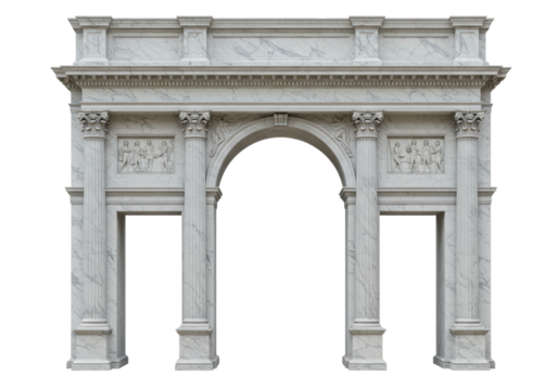 Marble triumphal arch isolated on transparent background, ancient architecture with columns and sculptures for historical design projects