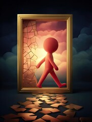Motivational concept Abstract Surreal Scene of Figure Walking Through Frame into Dreamlike Setting symbol of personal growth and transformation