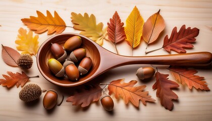 A Wooden Spoon Is Arranged With Natural Acorns And Vibrant Autumn Leaves Ideal For Fall Recipes Seasonal Decor Or Harvest Themes