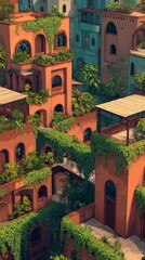 Green Vines Hanging on Futuristic Desert Buildings

