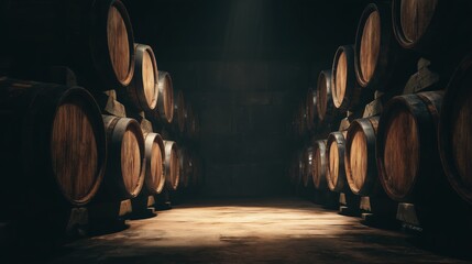Dark, atmospheric wine cellar with rows of stacked oak barrels aging wine or spirits