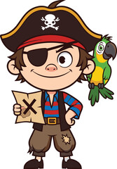 Cute Pirate Boy with Parrot and Treasure Map Cartoon Illustration