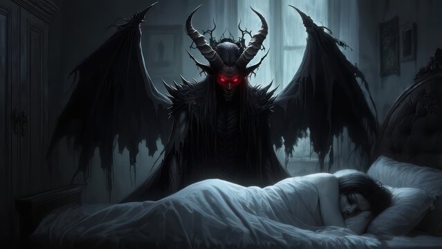 Terrifying Nightmare Demon Haunts Sleeping Person in Dark Bedroom.