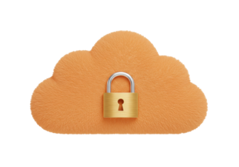 Fluffy orange cloud with golden padlock isolated, cloud security concept for data protection and privacy in PNG format