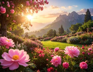 Fototapeta premium Lush garden, mountain sunset