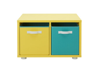 Yellow storage cube with colorful fabric bins isolated, modern furniture for kids room organization and home decor