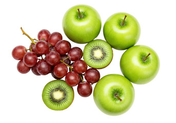 Fresh green apples, red grapes and kiwi halves isolated, healthy fruit assortment for diet and nutrition concepts